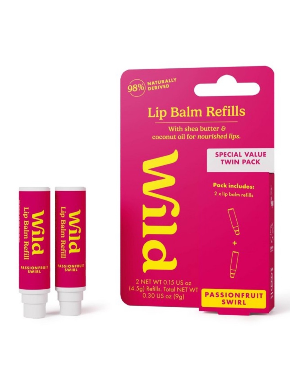 WILD 2pk Passionfruit Swirl Lip Balm Refills, NEW